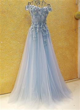 Picture of Light Blue Off Shoulder Long Party Dresses with Flowers, Tulle Blue Evening Dresses Prom Dresses